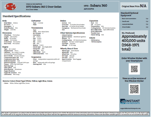 1970 Subaru 360 2 Door Sedan Sample build sheet.