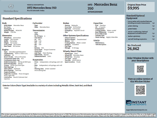 1972 Mercedes Benz 350 sample build sheet