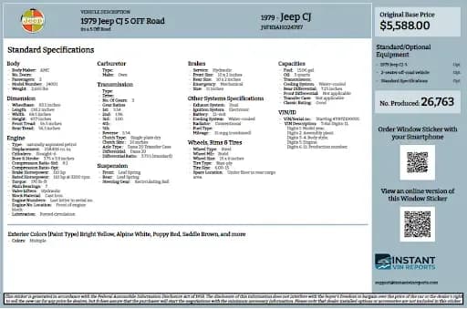 1979 Jeep CJ OFF Road Sample build sheet