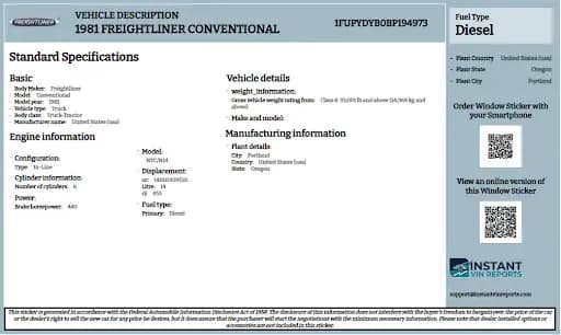 1981 Freightliner Conventional Sample build sheet