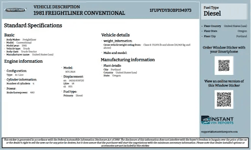 1981 Freightliner Conventional Sample build sheet
