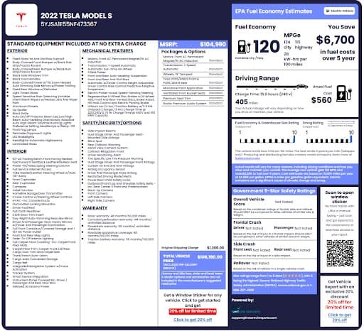 2022 TESLA mODEL S Sample build sheet