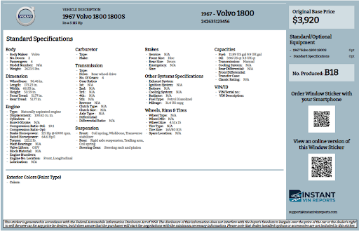 Sample Build Sheet for 1967 Volvo 1800 1800S
