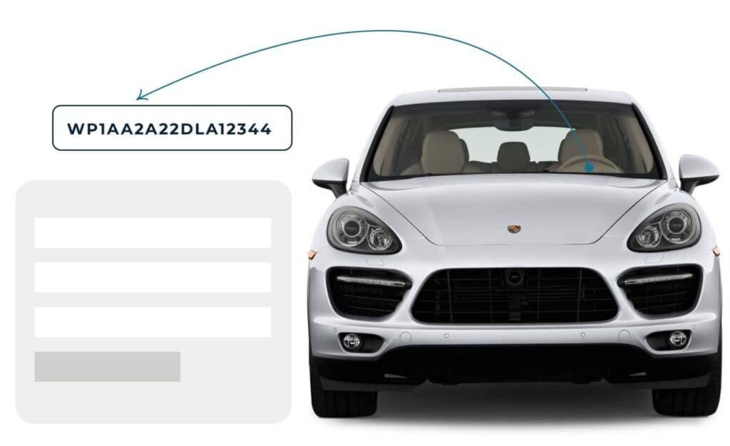 Diagram showing a 17-digit VIN located on the driver's side dashboard of a white SUV