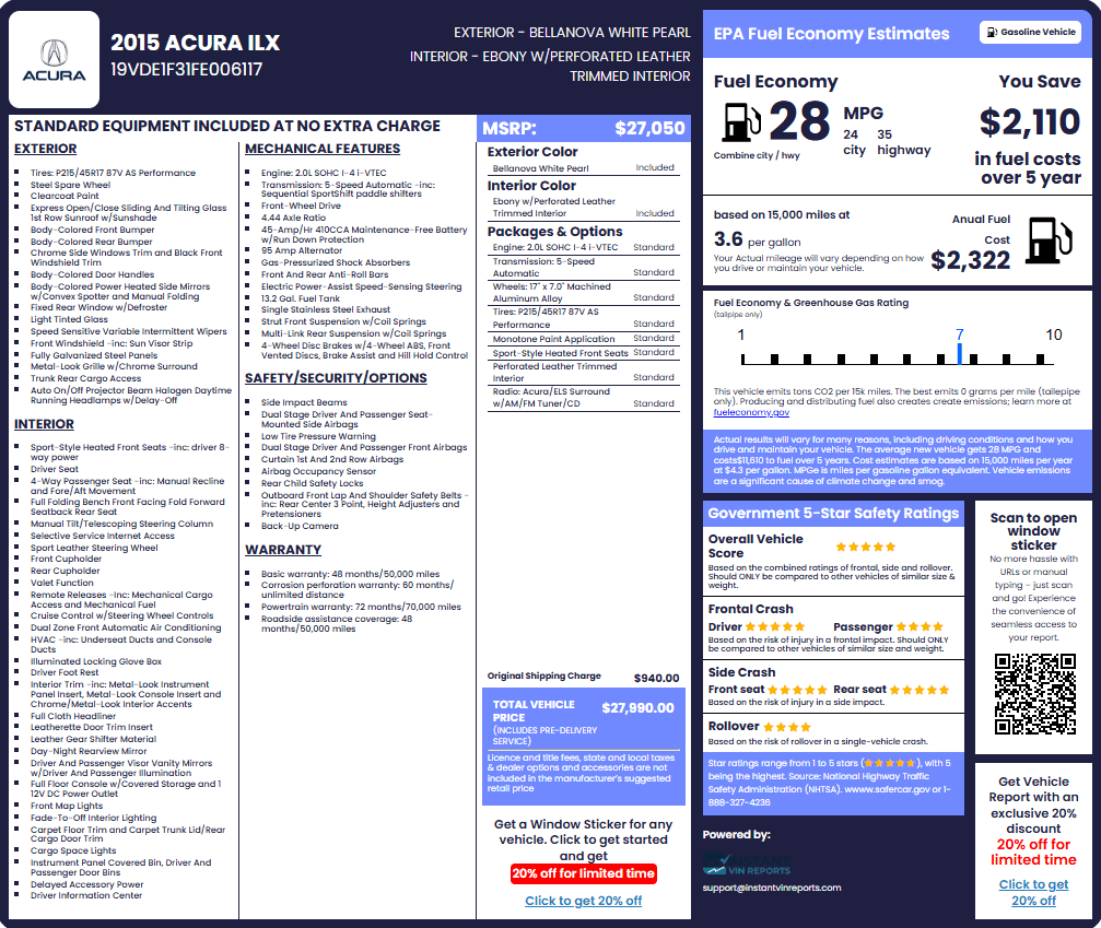 Acura Window Sticker by VIN Check Full OEM Data