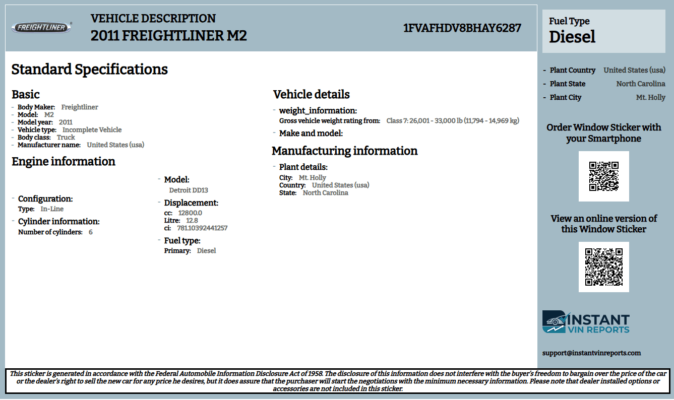 Get a Window Sticker For Any Freightliner by VIN