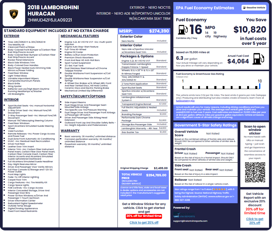 Get Lamborghini Window Sticker lookup by VIN