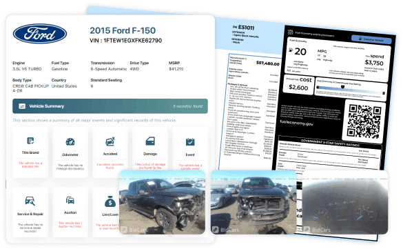 Vehicle history report and factory options sample