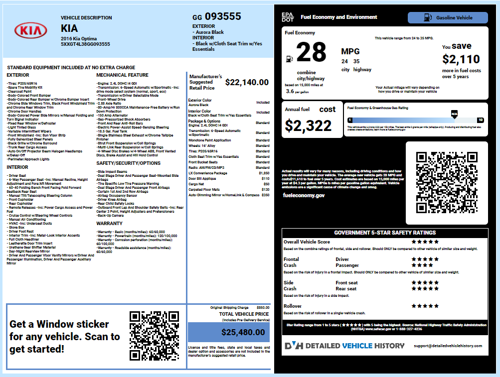 kia monroney sticker lookup