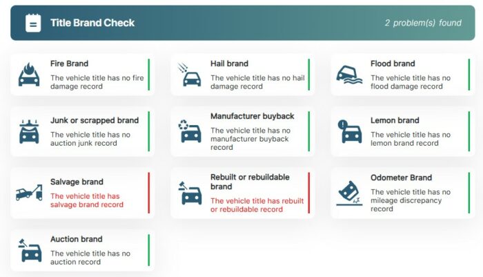 An image showing list of title statuses on a vehicle