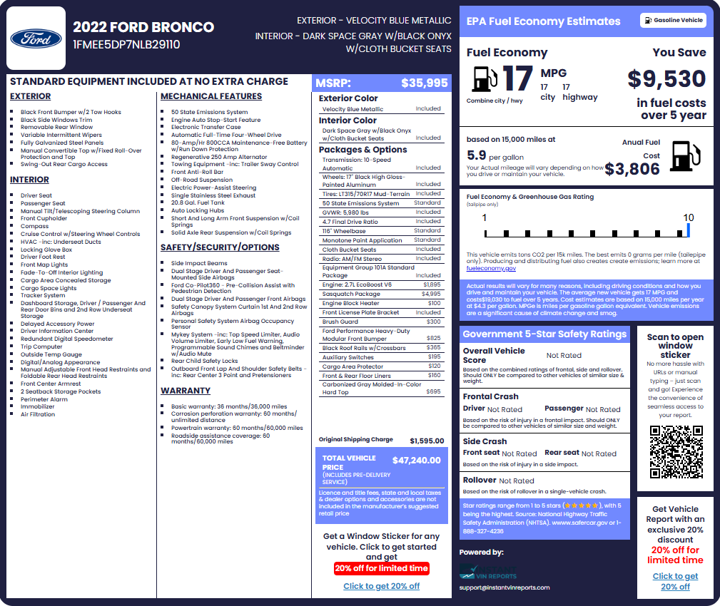 Ford sample window sticker - Instant vin reports