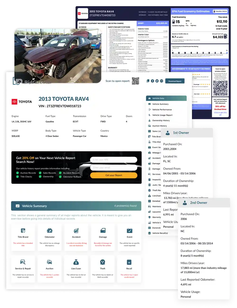 Sample History report and window sticker