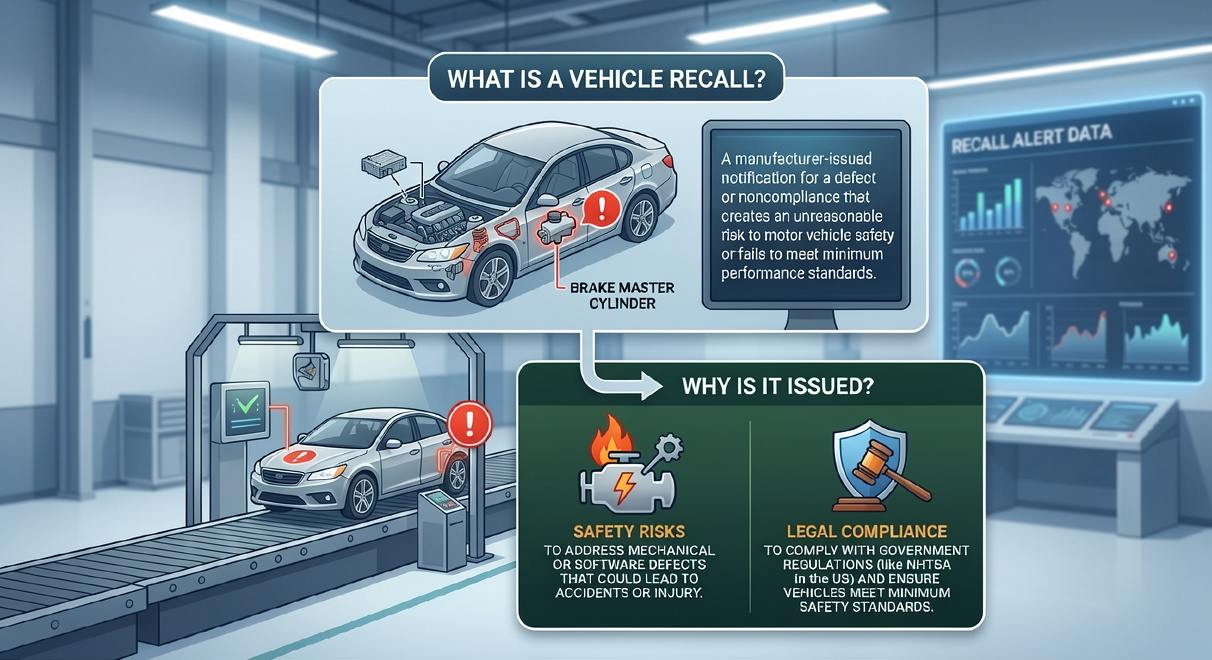 Infographic explaining vehicle recalls, showing a car diagram with mechanical defects and icons for safety and compliance.